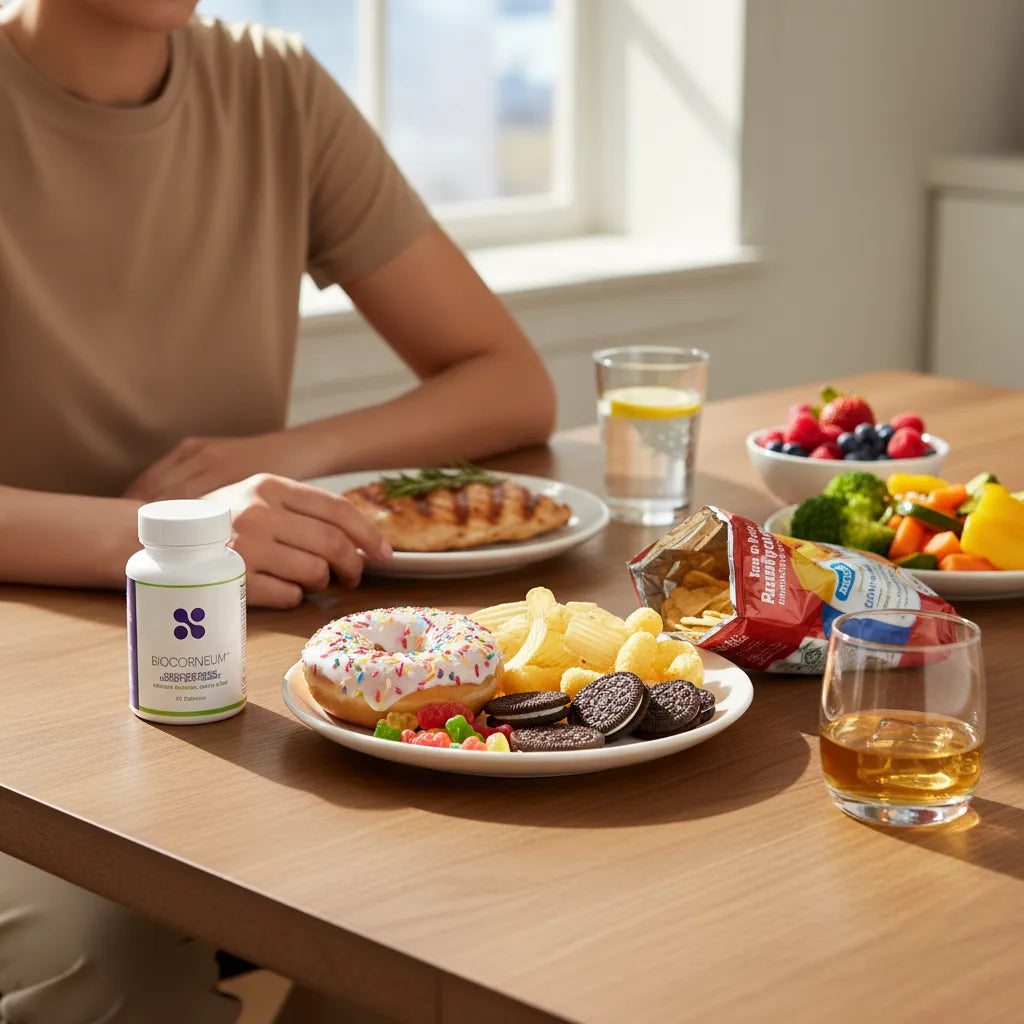 Foods to avoid during wound healing with sugary snacks, alcohol, and processed foods beside healthier recovery meal options